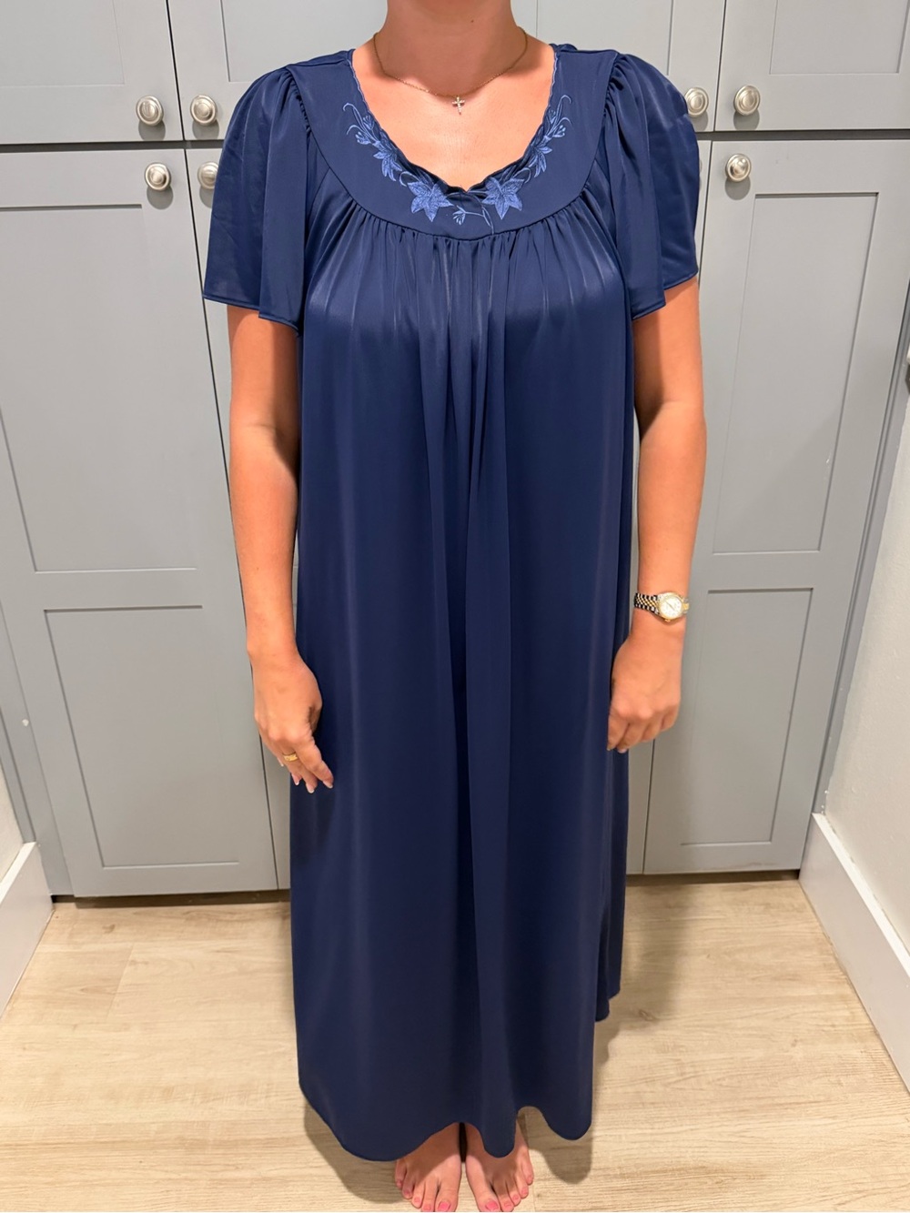 1970s Miss Elaine Navy Embroidered Yoke Short-Sleeve Maxi Nightgown
